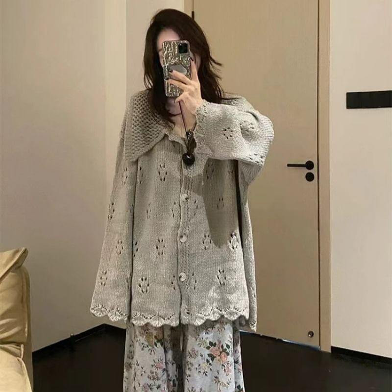 Collar Plain Pointelle Knit Oversized Cardigan Product Image