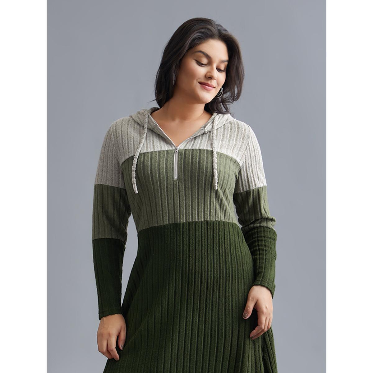 Plus Size Hooded Half Zip Pit Strip Knit Dress ArmyGreen Women Casual Contrast Hooded Long Sleeve Curvy BloomChic 26/4X Product Image
