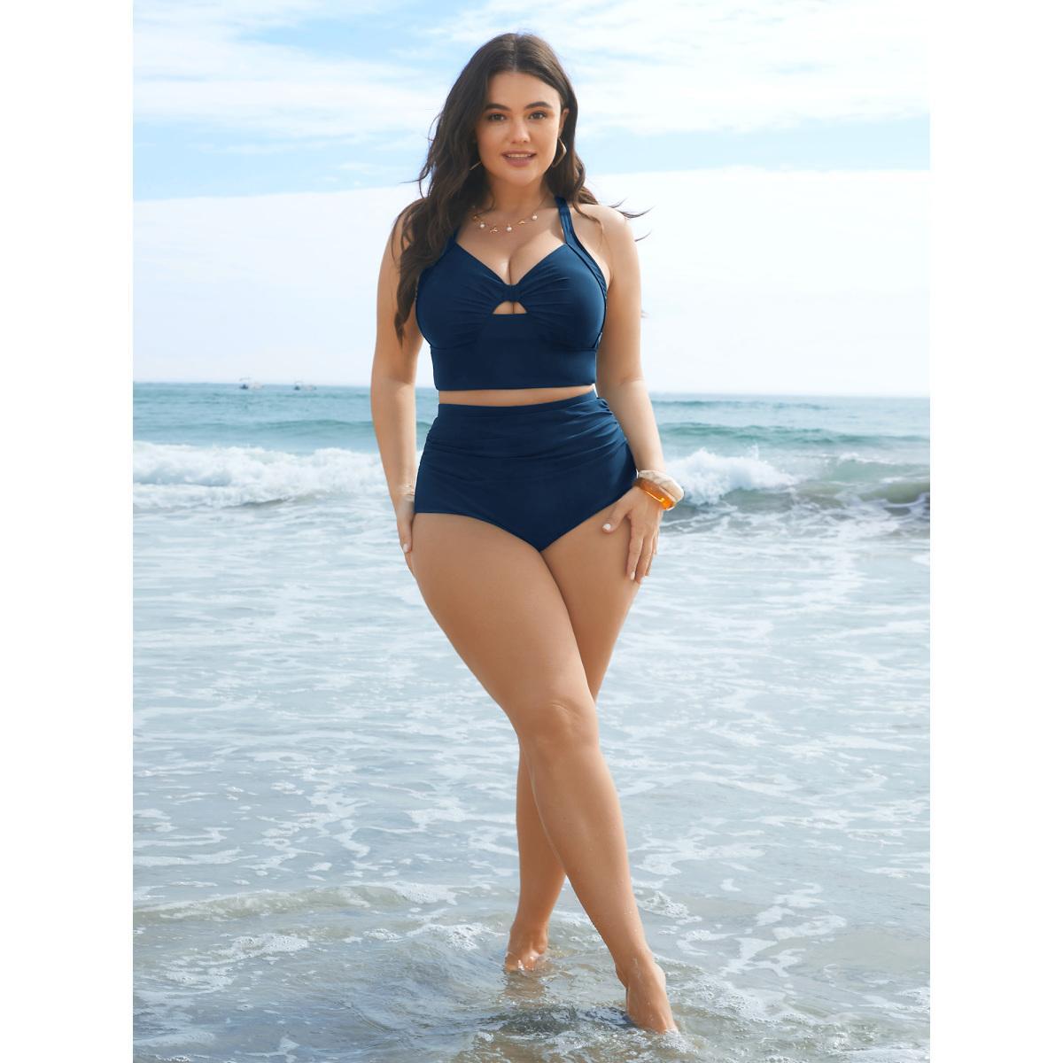 Plus Size High Rise Ruched Plain Swim Bottom Women's Swimwear Indigo Beach Gathered High stretch Skinny High Rise Curve Swim Bottoms BloomChic 26/4X Product Image