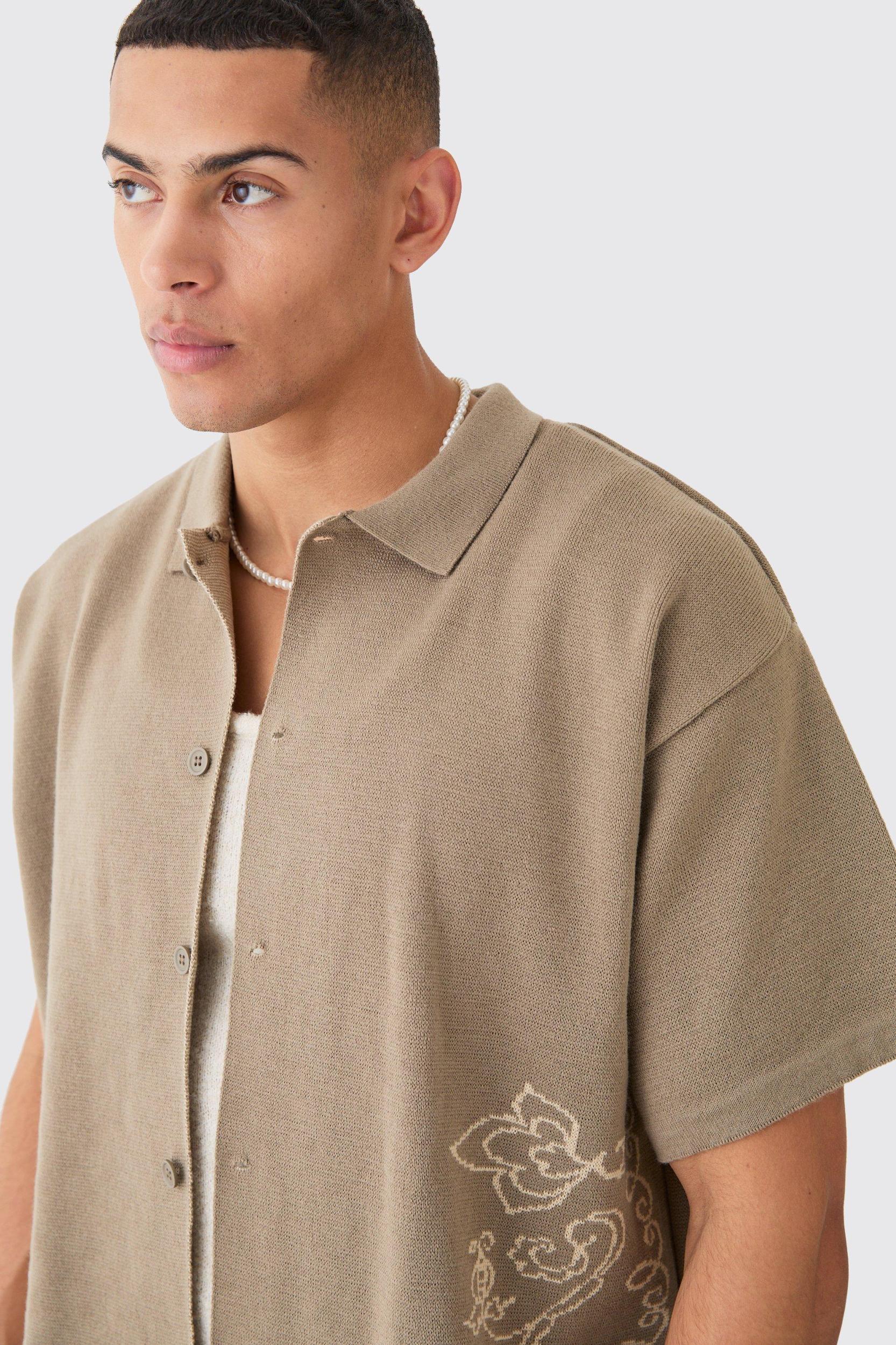 Boxy Jacquard Knit Abstract Detail Shirt In Taupe | boohooMAN USA Product Image