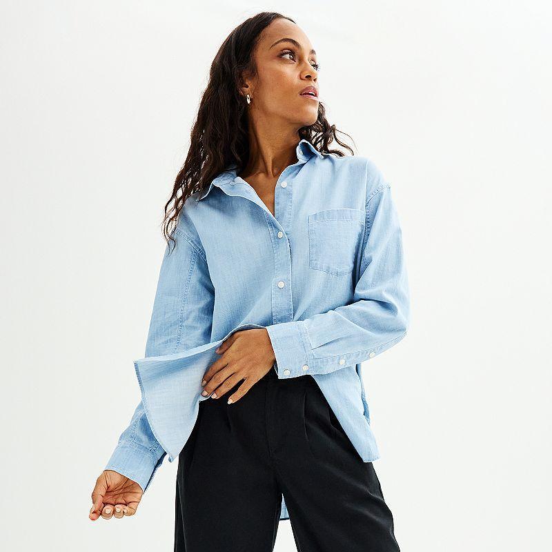 Petite Sonoma Goods For Life® Oversized Boyfriend Shirt, Women's, Size: XXL Petite, New Chambray Product Image