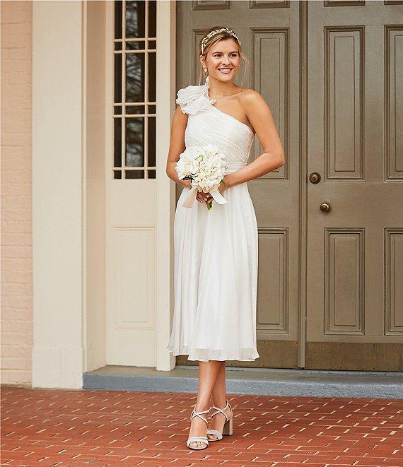 Mac Duggal Asymmetrical One Shoulder Sleeveless Ruffle Midi Dress Product Image