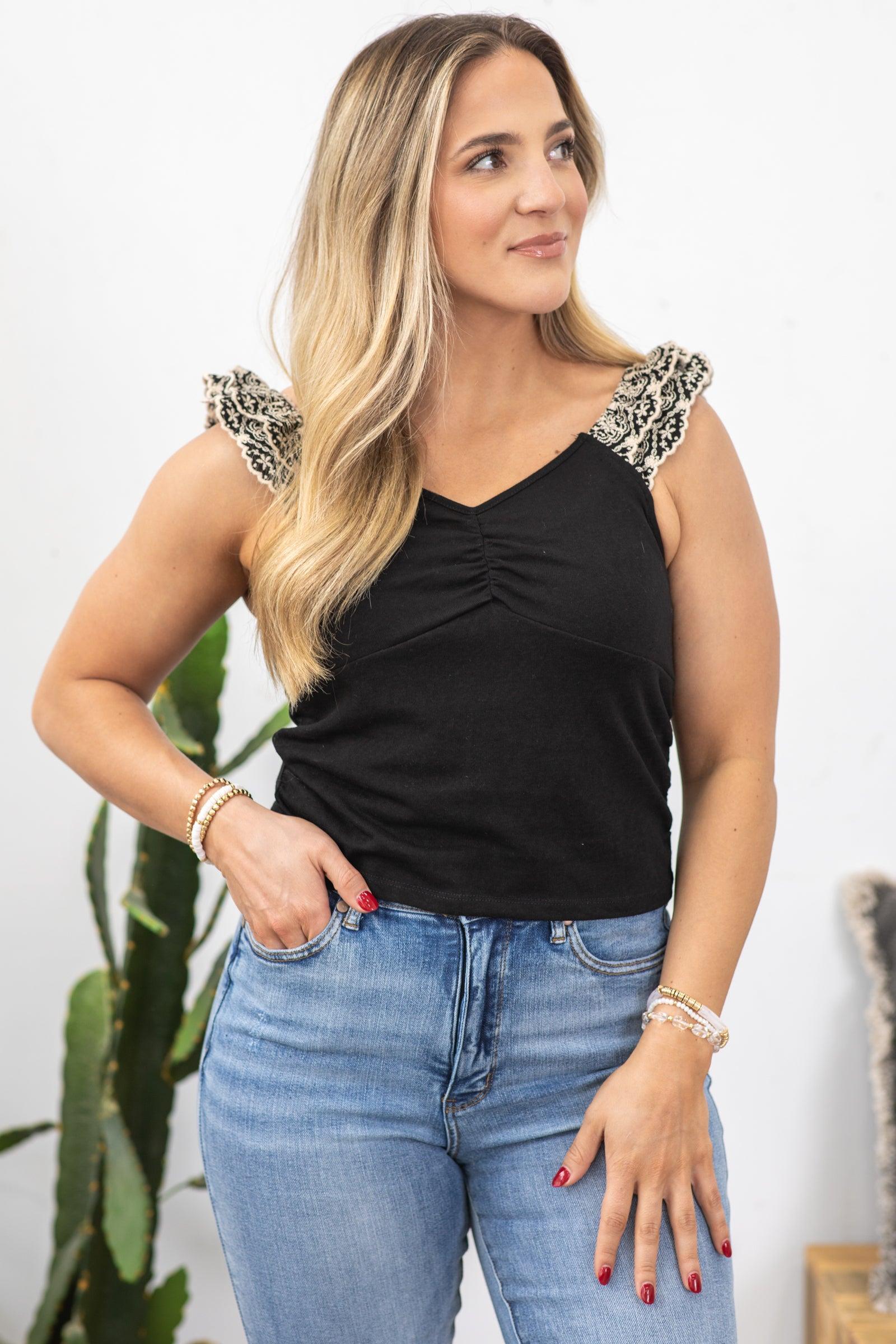Black With Ivory Shoulder Detail Knit Top Product Image