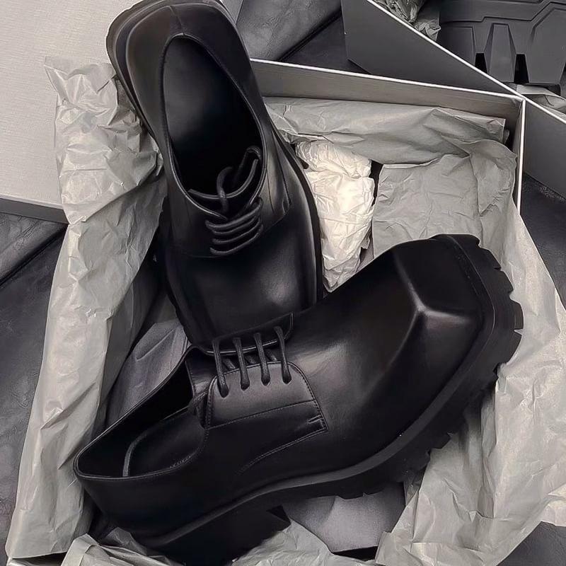 Platform Square Toe Plain Lace-Up Genuine Leather Shoes Product Image