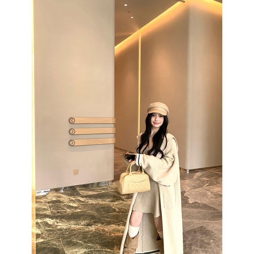 Long-Sleeve V-Neck Plain Mini A-Line Knit Dress / Contrast Trim Midi Open Front Cardigan Product Image