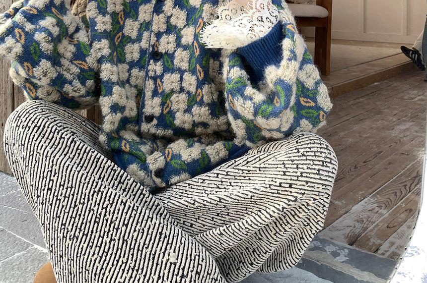 Round Neck Floral Button Cardigan / Long-Sleeve Plain Lace Blouse / Mid Rise Patterned Wide Leg Pants Product Image