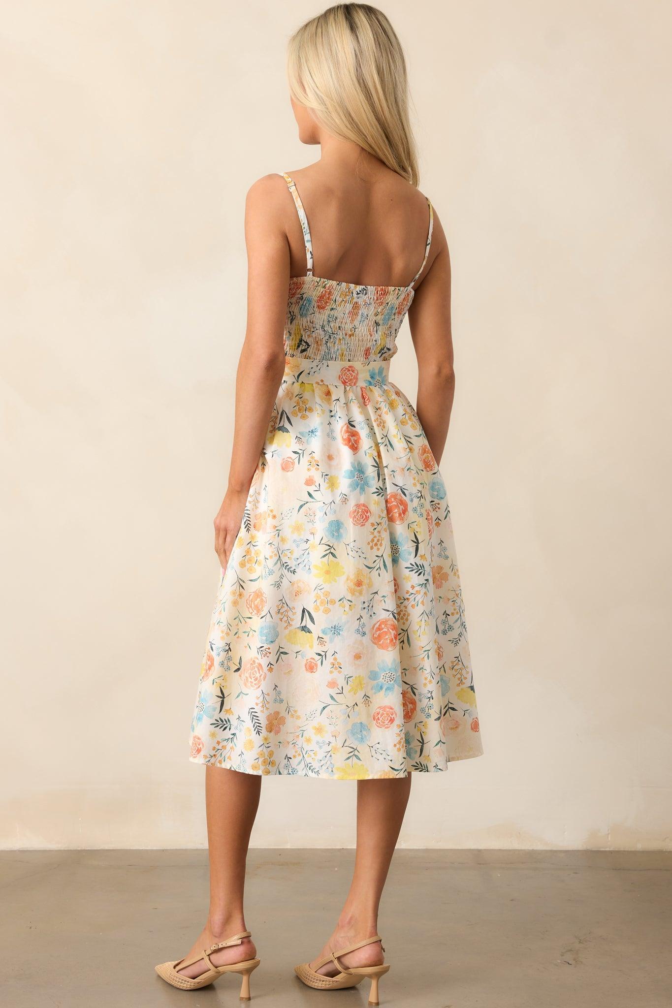 Garden Harvest Ivory Floral Belted Cotton Midi Dress Product Image