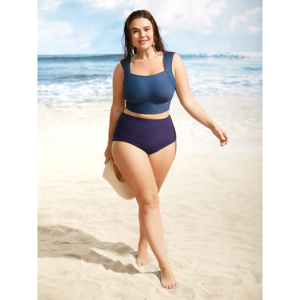 Plus Size Square Neck Ruched Back Crisscross Swim Top Women's Swimwear Aegean Beach Gathered High stretch Skinny Square Neck Curve Swim Tops BloomChic 10/M Product Image