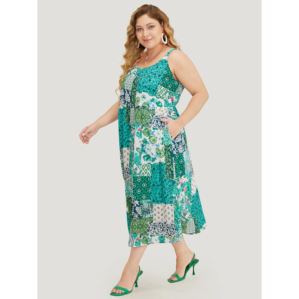 Plus Size Pixel Flower Pocket Ruffle Hem Cami Dress Multicolor Women Vacation Adjustable Straps Spaghetti Strap Sleeveless Curvy Midi Dress BloomChic 22-24/3X Product Image