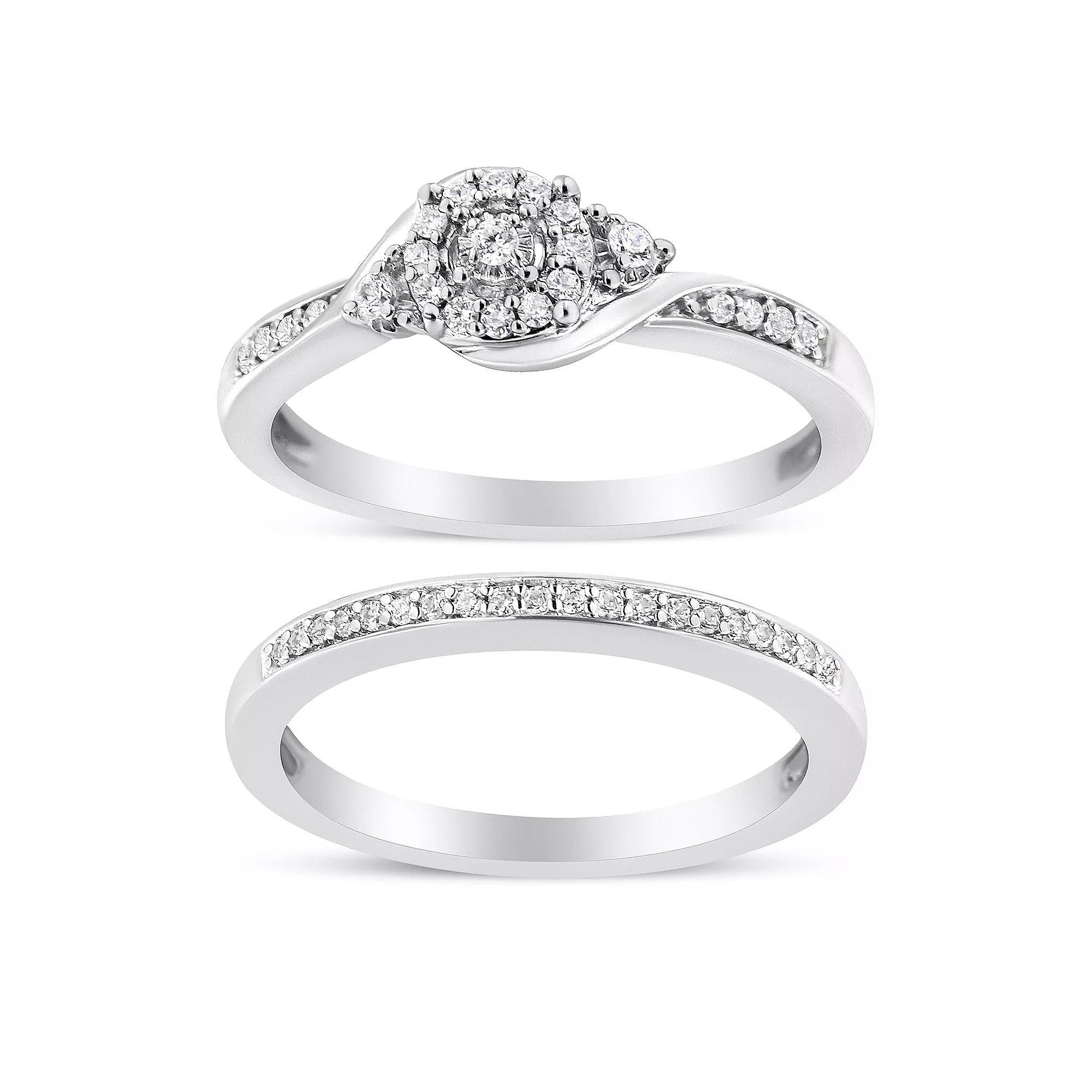 Haus of Brilliance Sterling Silver 1/4 Carat T.W. Diamond Halo & Swirl Engagement Ring & Wedding Band Set, Women's, Size: 6 Product Image