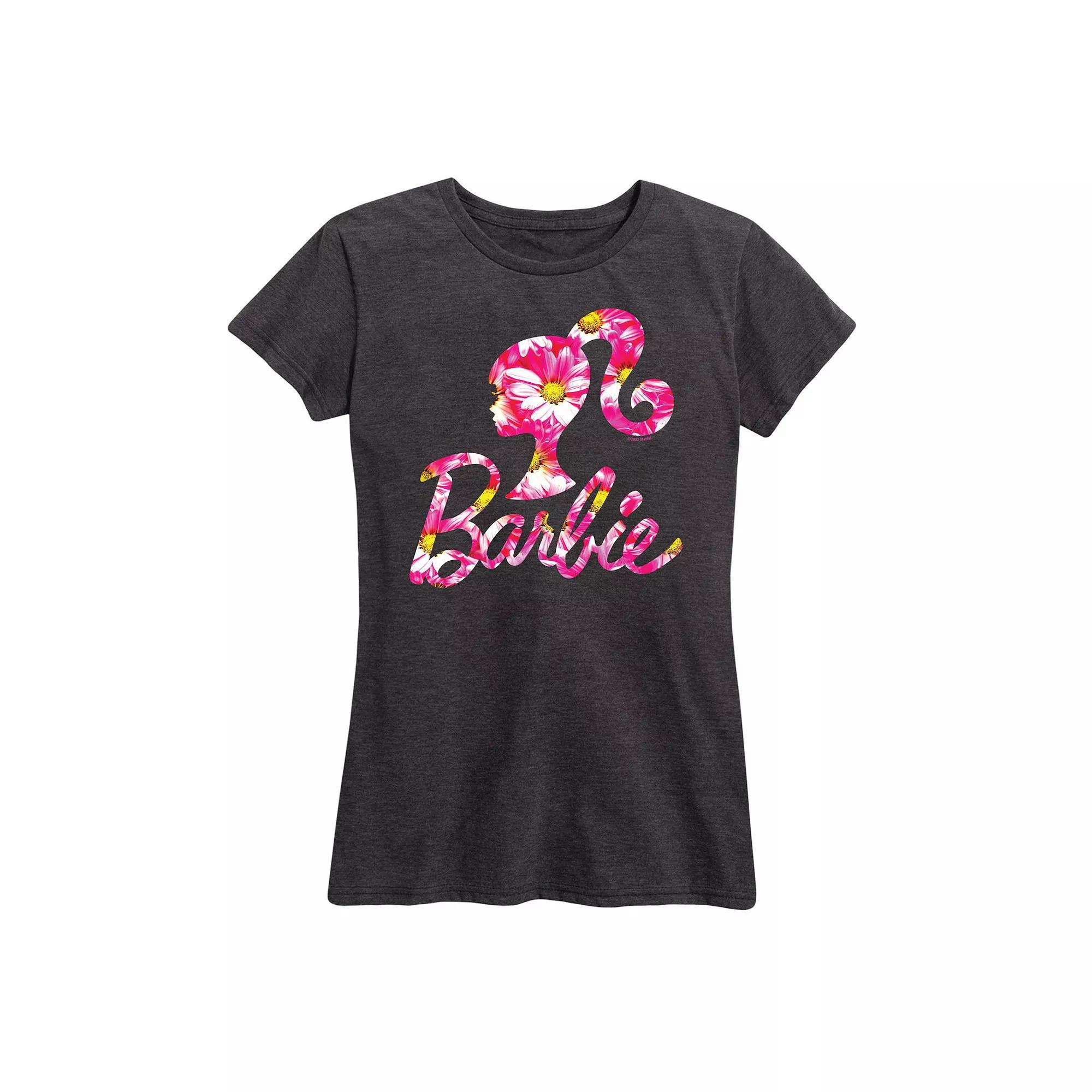 Women's Barbie Logo Pink Daisy Pattern Graphic Tee, Size: Small, Heather Grey Product Image
