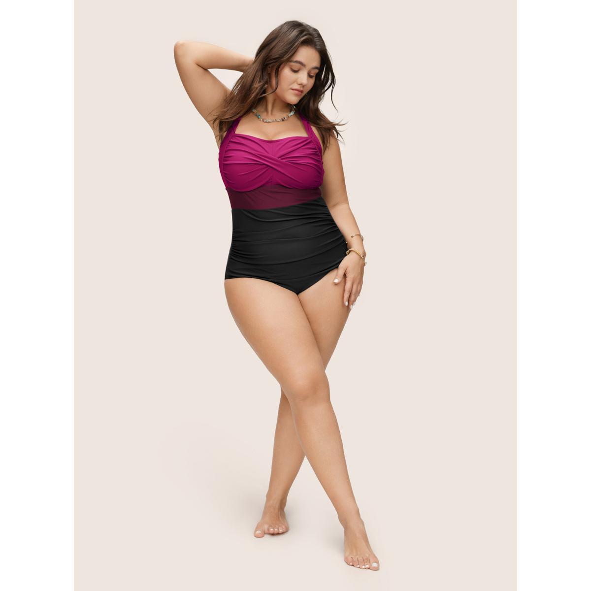 Plus Size Contrast Twist Front Tummy-Control One Piece Swimsuit Women's Swimwear Magenta Beach Non Curve Bathing Suits High stretch One Pieces BloomChic 12/L Product Image