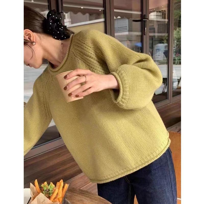 Puff-Sleeve Crew Neck Plain Sweater Product Image