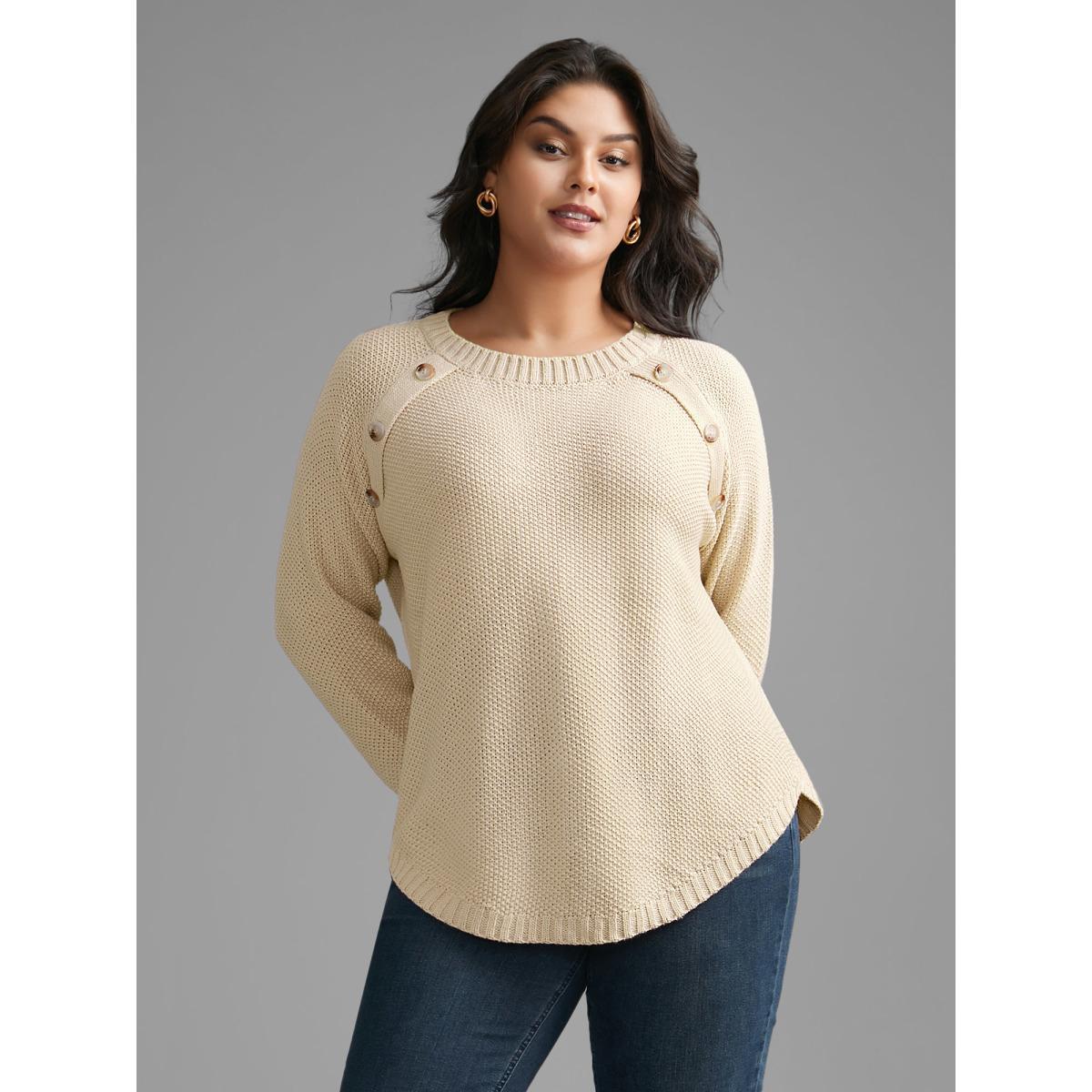 Plus Size Plain Textured Button Detail Curved Hem Pullover Ivory Women Casual Loose Long Sleeve Round Neck Everyday Pullovers BloomChic 10/M Product Image
