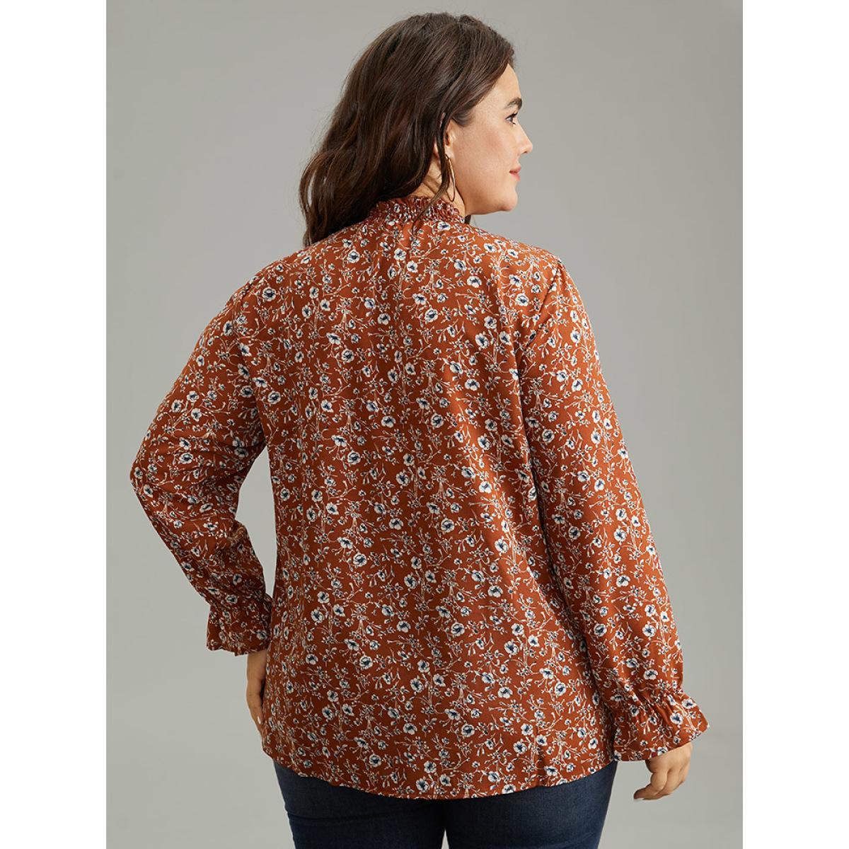 Plus Size Rust Ditsy Floral Shirred Pocket Layered Blouse Women Elegant Long Sleeve Round Neck Dailywear Blouses BloomChic 22-24/3X Product Image