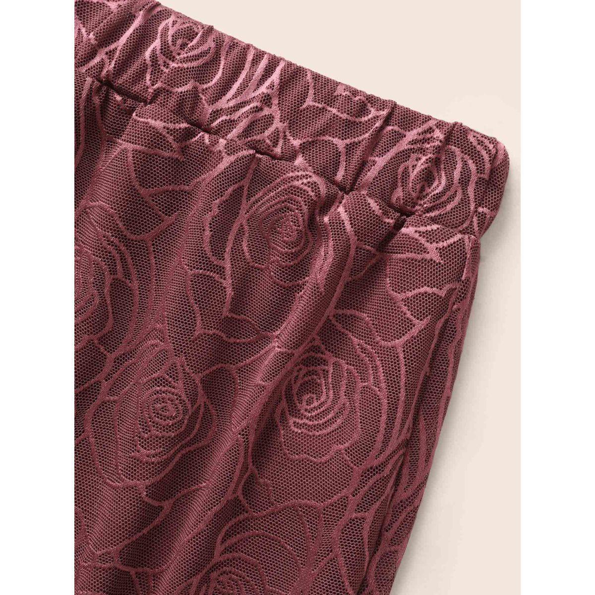 Plus Size Floral Textured Mesh Elastic Waist Skirt Women Deepred Casual See through Medium stretch Everyday Skirts BloomChic 30/6X Product Image