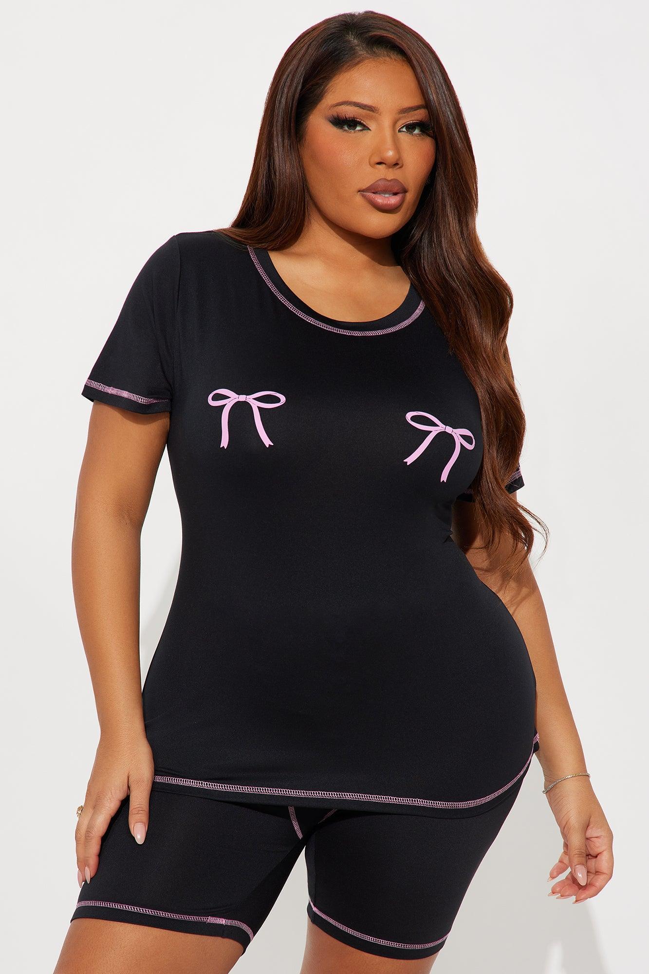 So Cute Bow PJ Boxer Short Set - Black/Pink Product Image