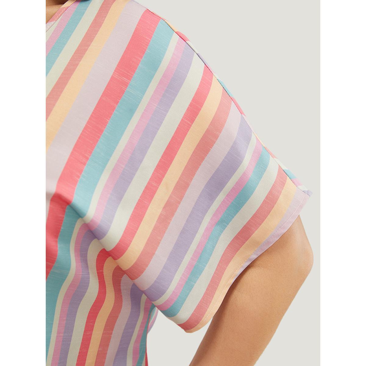 Plus Size Multicolor Rainbow Striped Batwing Sleeve Contrast Asymmetrical Hem Blouse Women Vacation Short sleeve V-neck Dailywear Blouses BloomChic 22-24/3X Product Image