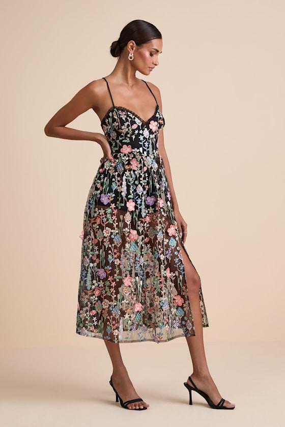 Mahryn Black 3D Floral Embroidered Midi Bodysuit Dress Product Image