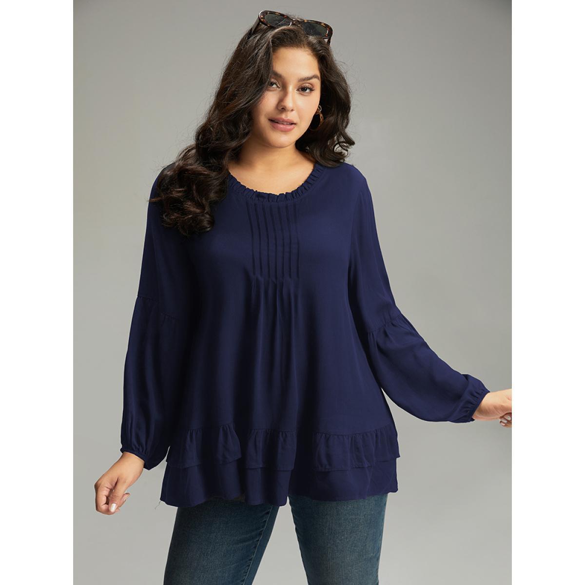 Plus Size Indigo Seam Detail Frill Trim Layered Blouse Women Elegant Long Sleeve Round Neck Dailywear Blouses BloomChic 22-24/3X Product Image