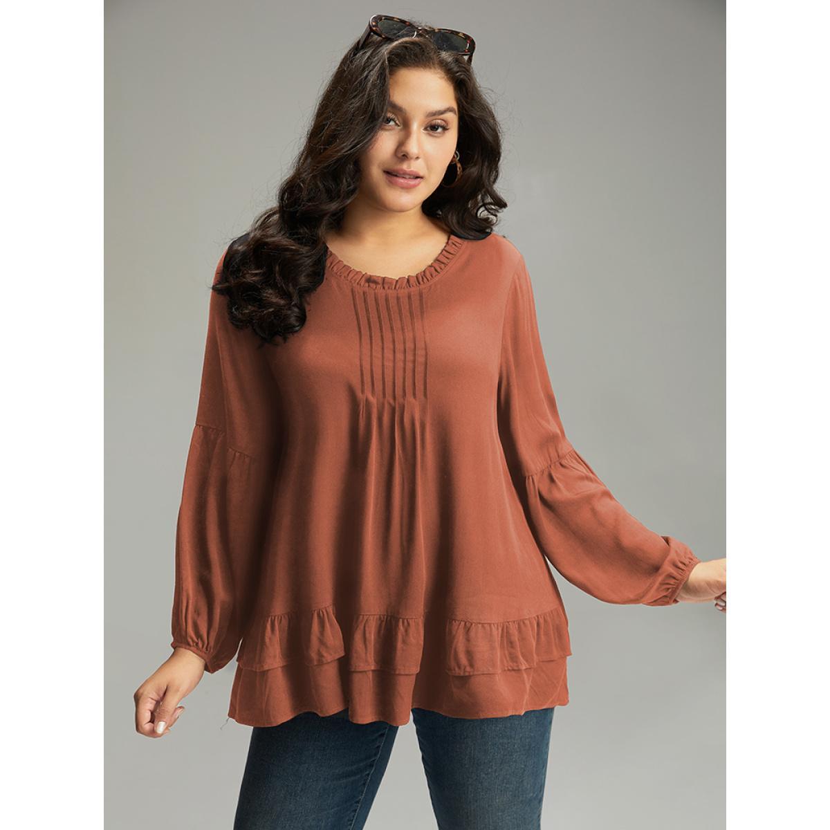 Plus Size OrangeRed Seam Detail Frill Trim Layered Blouse Women Elegant Long Sleeve Round Neck Dailywear Blouses BloomChic 18-20/2X Product Image