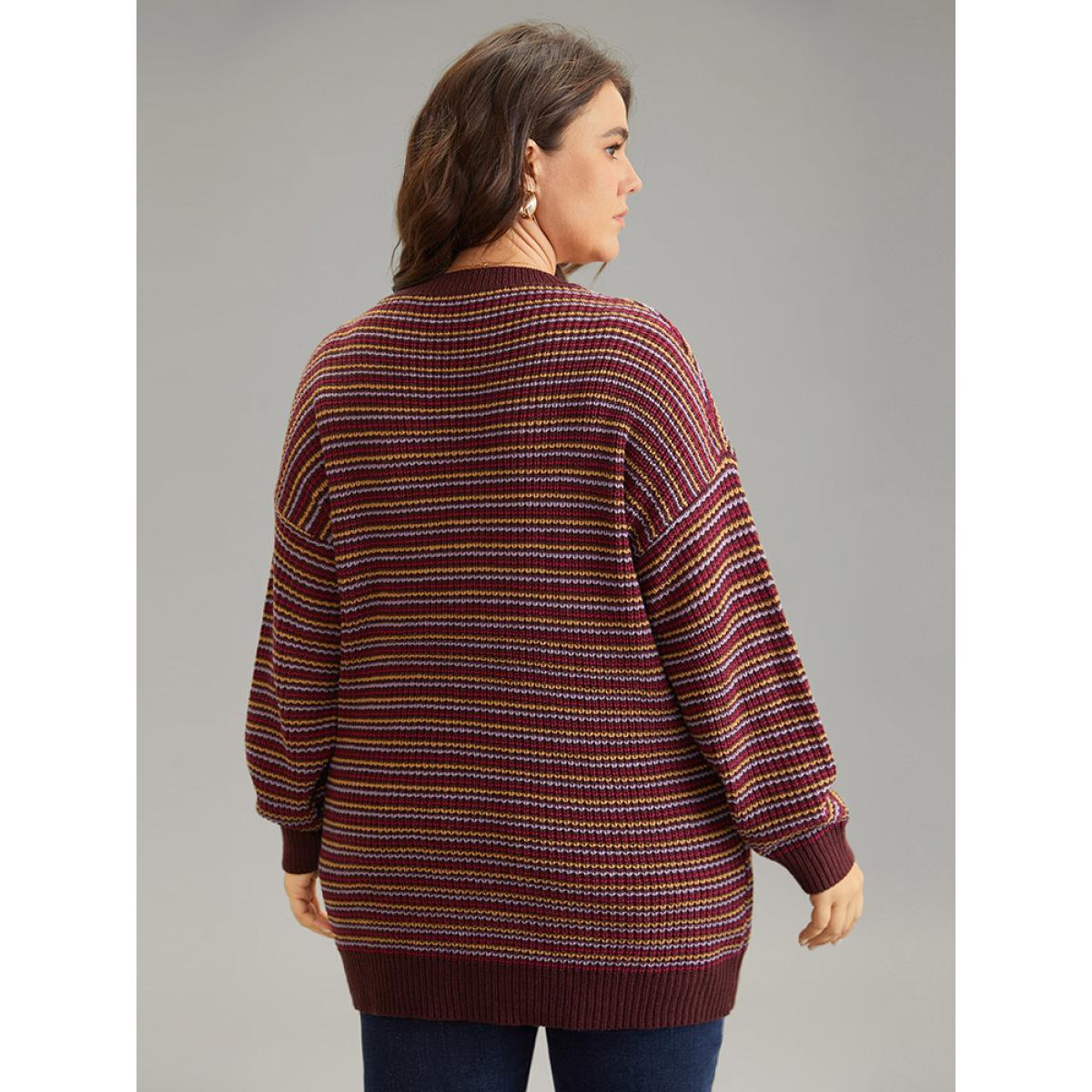 Plus Size Textured Striped Drop Shoulder Pullover Multicolor Women Casual Loose Long Sleeve V-neck Dailywear Pullovers BloomChic 28/5X Product Image