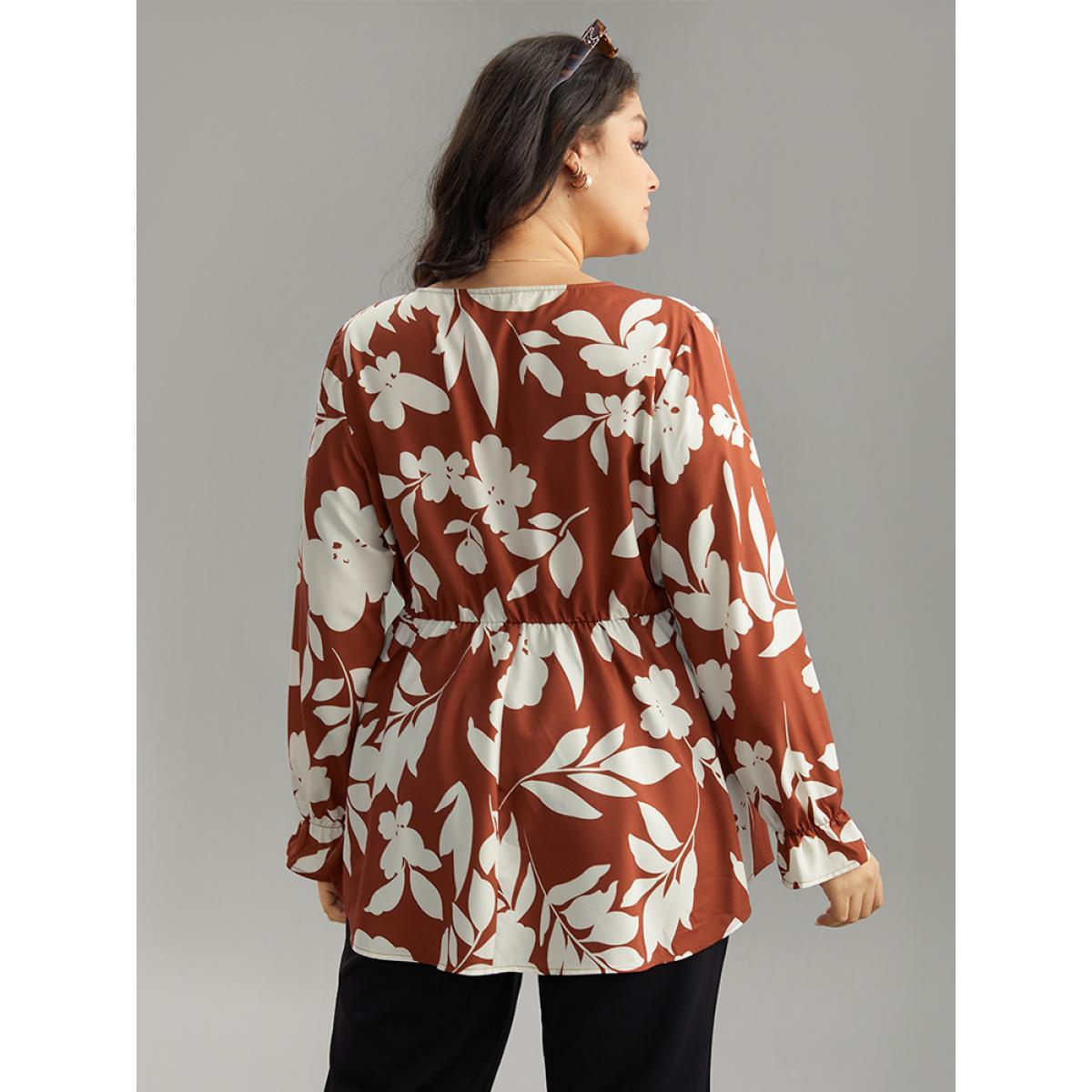 Plus Size Chocolate Silhouette Floral Print Elastic Waist Blouse Women Elegant Long Sleeve V-neck Dailywear Blouses BloomChic 10/M Product Image