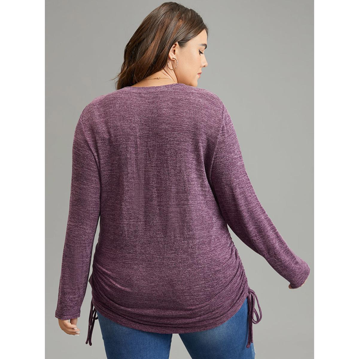 Plus Size Solid Drawstring Heather V Neck T-shirt Purple Women Casual Plain Plain V-neck Dailywear T-shirts BloomChic 26/4X Product Image