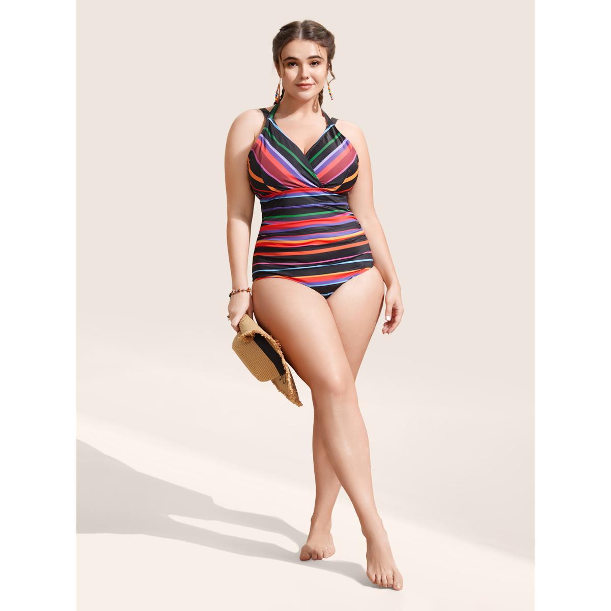 Plus Size Contrast Striped Tie Knot One Piece Swimsuit Women's Swimwear Multicolor Beach Tie knot Curve Bathing Suits High stretch One Pieces BloomChic 26/4X Product Image