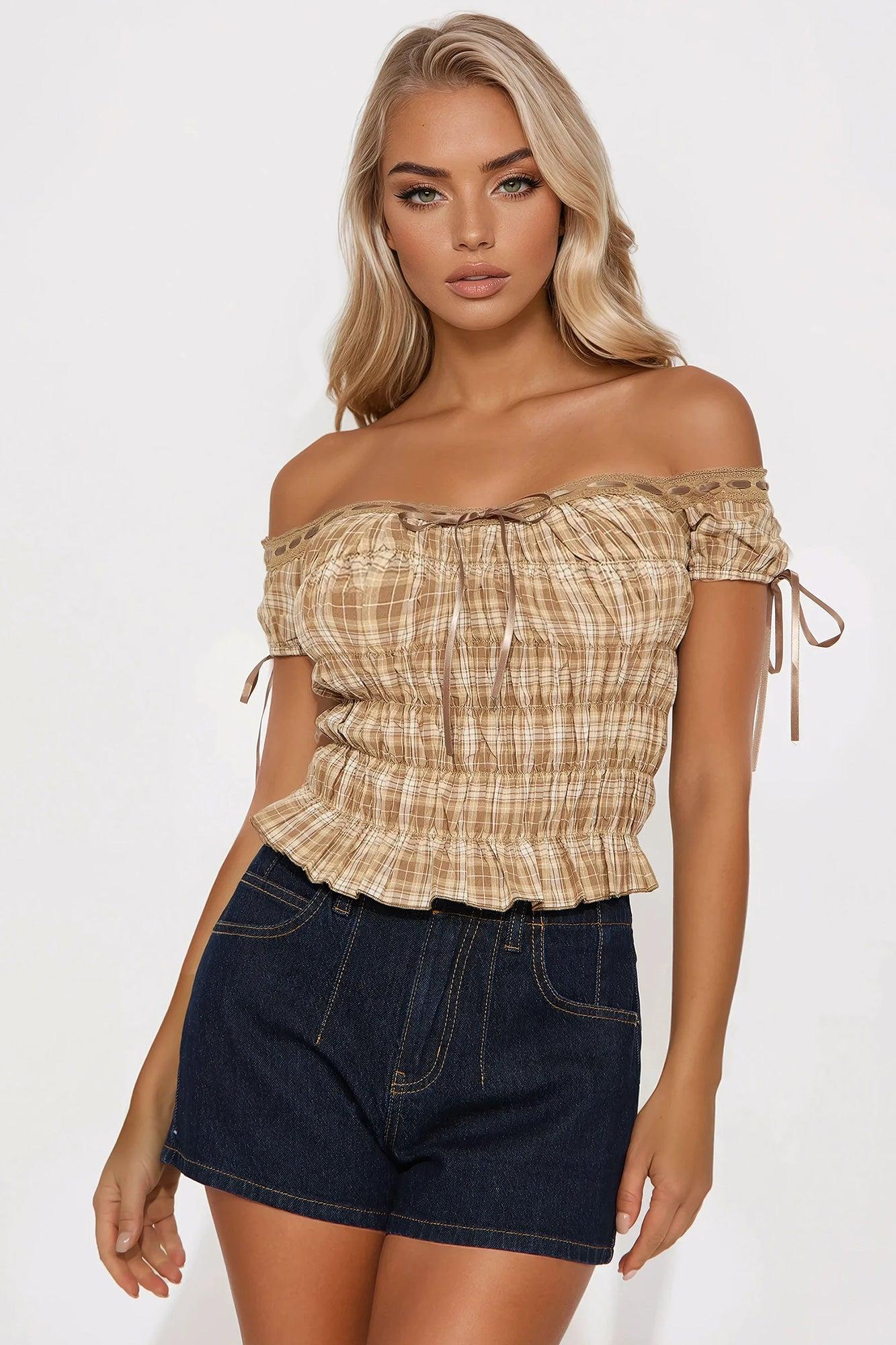 Jasmine Off Shoulder Plaid Top - Brown/combo Product Image