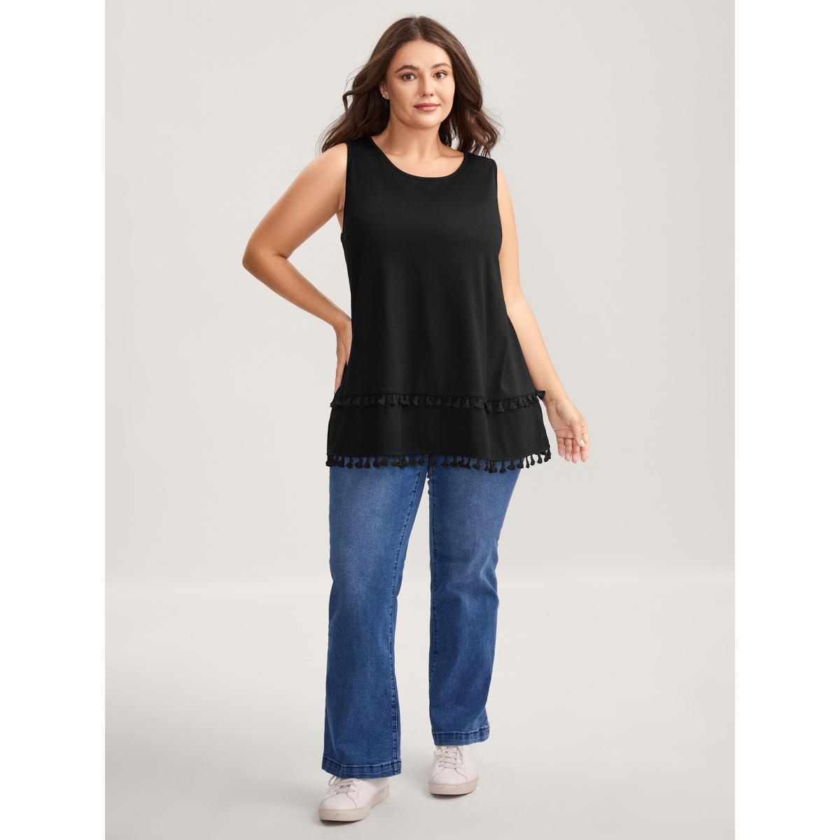 Plus Size A-Line Tassel Hem Plain Tank Top Women Black Tassels Round Neck Everyday-Casual Tank Tops Camis BloomChic 18-20/2X Product Image