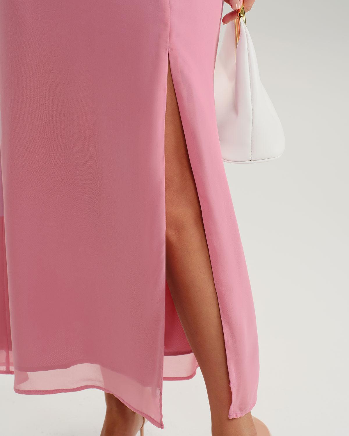 Pink Mock Neck Backless Maxi Dress Product Image