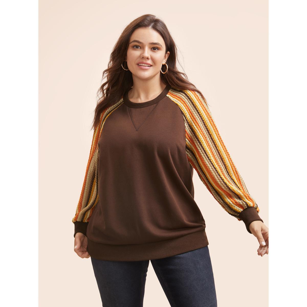 Plus Size Striped Textured Patchwork Raglan Sleeve Sweatshirt Women DarkBrown Casual Texture Round Neck Everyday Sweatshirts BloomChic 22-24/3X Product Image