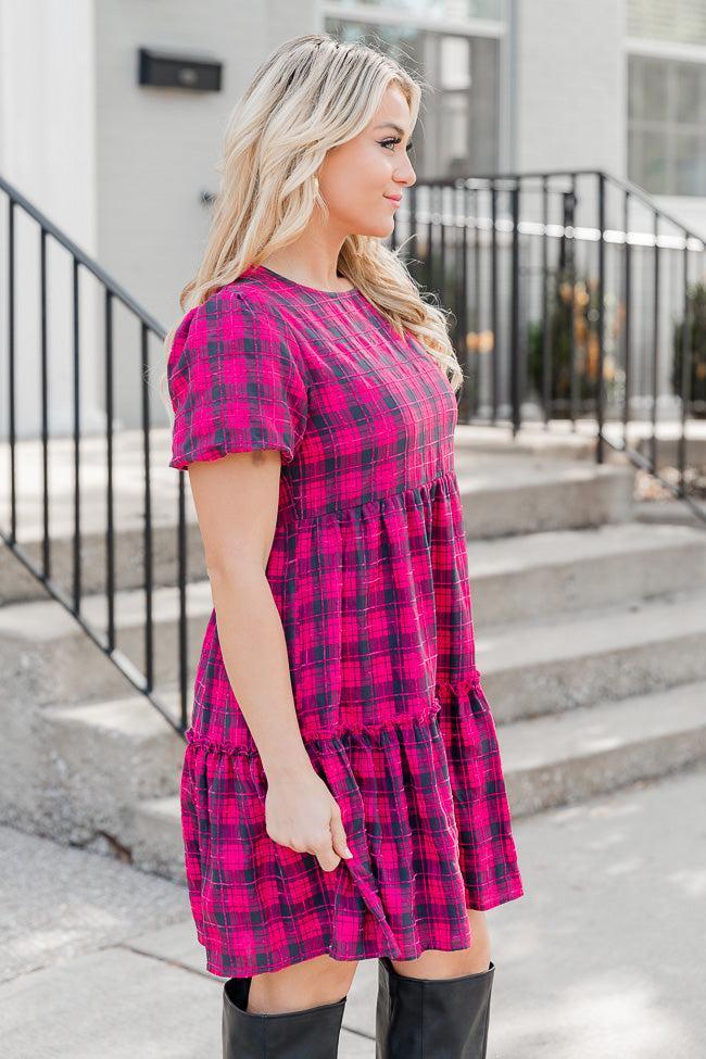 The Thrill Of It Pink and Black Plaid Short Sleeve Babydoll Dress FINAL SALE Product Image