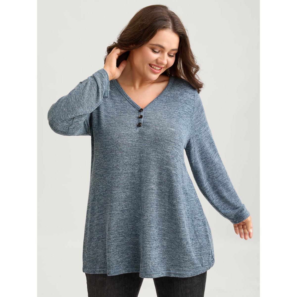 Plus Size Heather Button Up Long Sleeve T-shirt Cerulean Women Casual Heather Plain Everyday T-shirts BloomChic 10/M Product Image