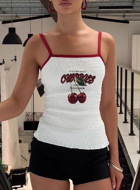 Cherrie Ties Shirred Graphic Top White Product Image