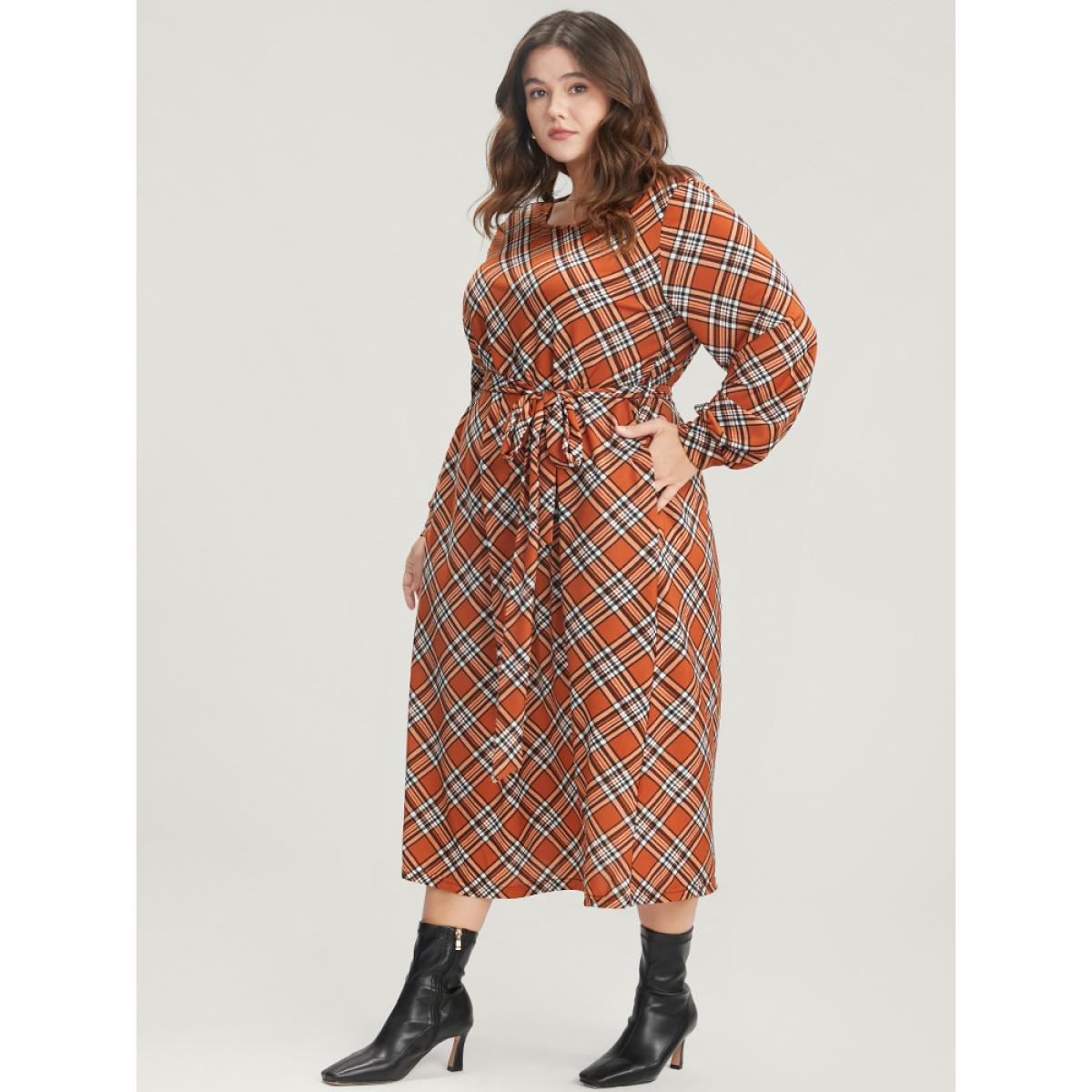 Plus Size Tartan Round Neck Pocket Belted Midi Dress Chocolate Women Elegant Belted Round Neck Long Sleeve Curvy Midi Dress BloomChic 30/6X Product Image