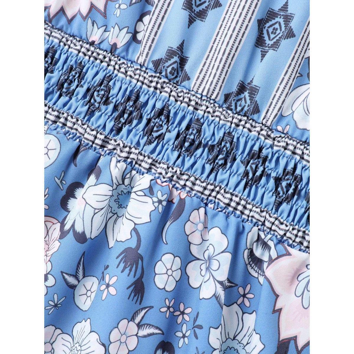 Plus Size Boho Print Pockets V-Neck Midi Dress Mediumblue Women Shirred V-neck Half Sleeve Curvy BloomChic 18-20/2X Product Image