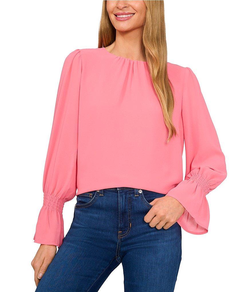 CeCe Charmeuse Round Neck Long Sleeve Smocked Cuff Blouse Product Image