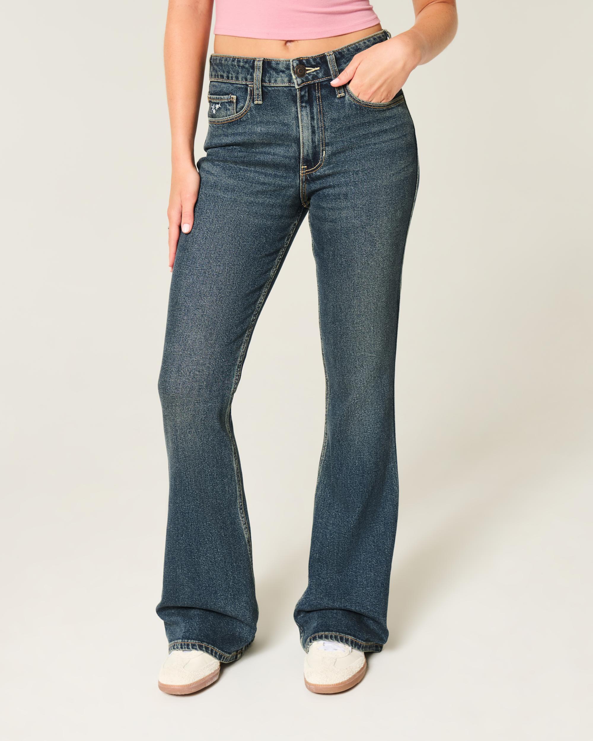 High-Rise Dark Wash Embroidered Florals Flare Jeans Product Image