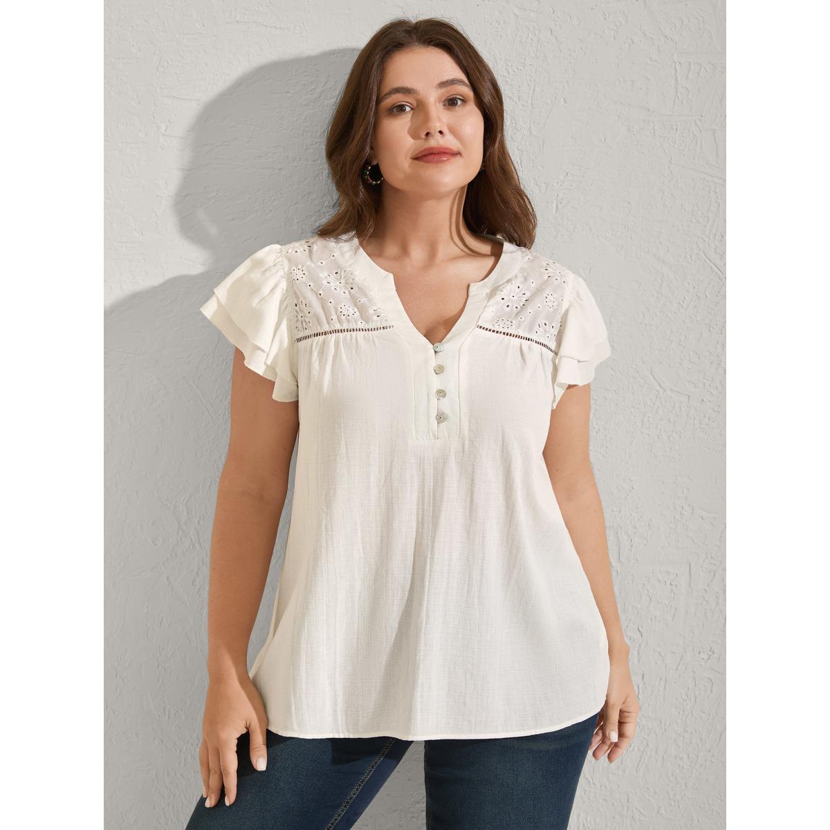 Plus Size Originalwhite Cotton Lace Eyelet Trim Layered Sleeve Blouse Women Cap Sleeve Flat collar with V-notch Vacation Blouses BloomChic 28/5X Product Image