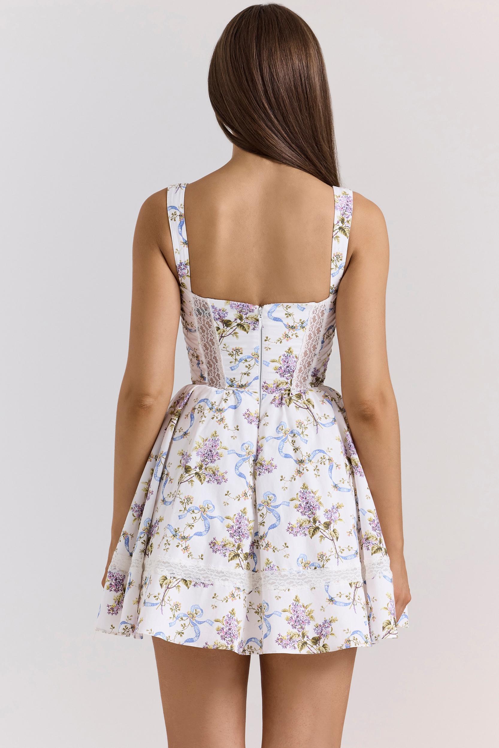 Kimmie  white floral ribbon print cotton mini dress Product Image