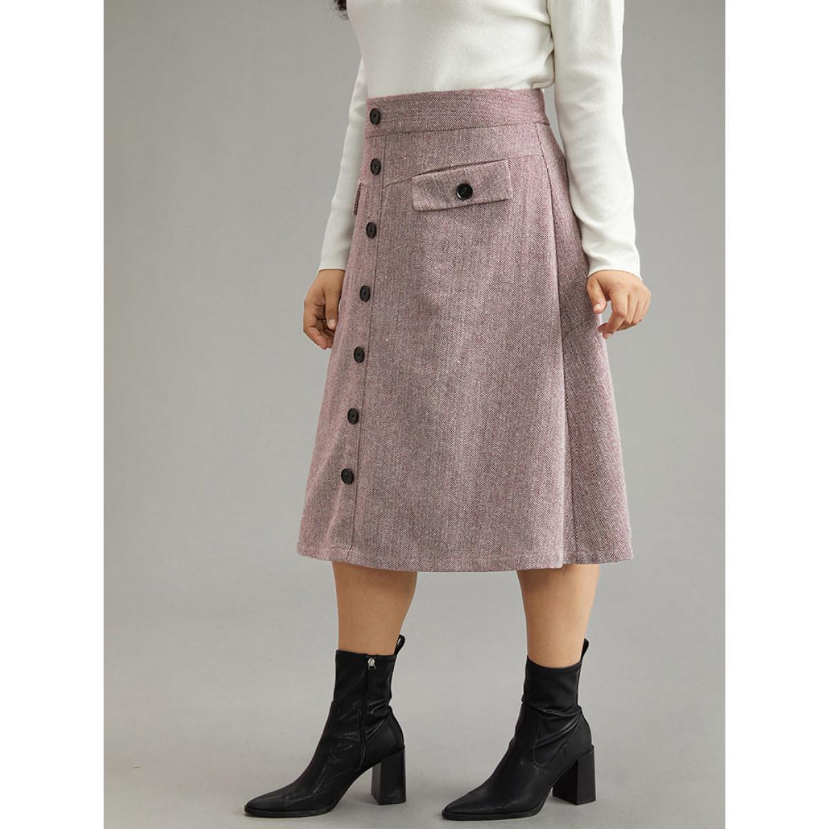 Plus Size Textured Button Detail Cropped Skirt Women Maroon Office Texture No stretch Pocket Work Skirts BloomChic 28/5X Product Image