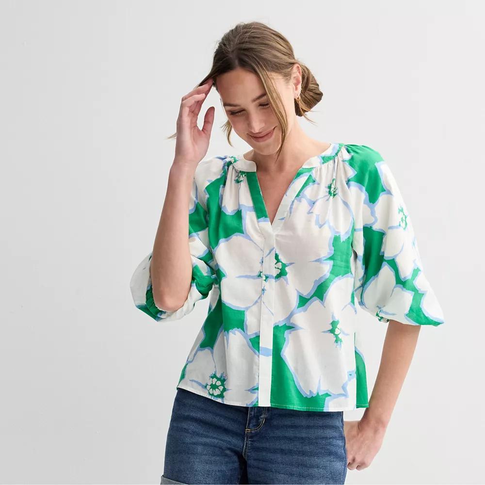 Petite Sonoma Goods For Life® Shirred Y-Neck Balloon Sleeve Blouse, Women's, Size: Large Petite, Green Brush Floral Product Image