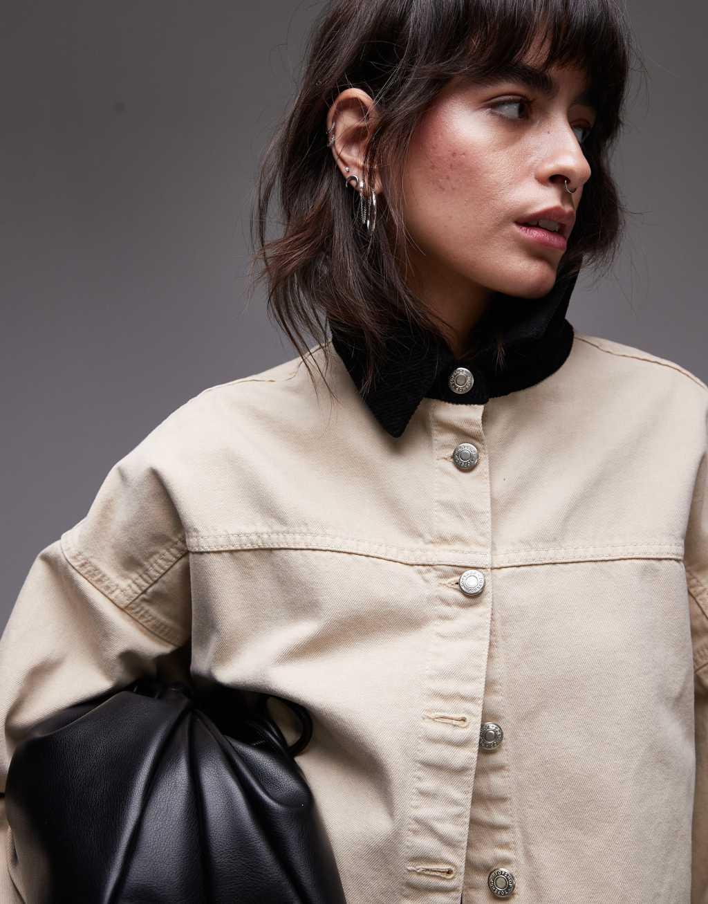 Topshop canvas long boxy shirt with contrast cord collar in tan Product Image