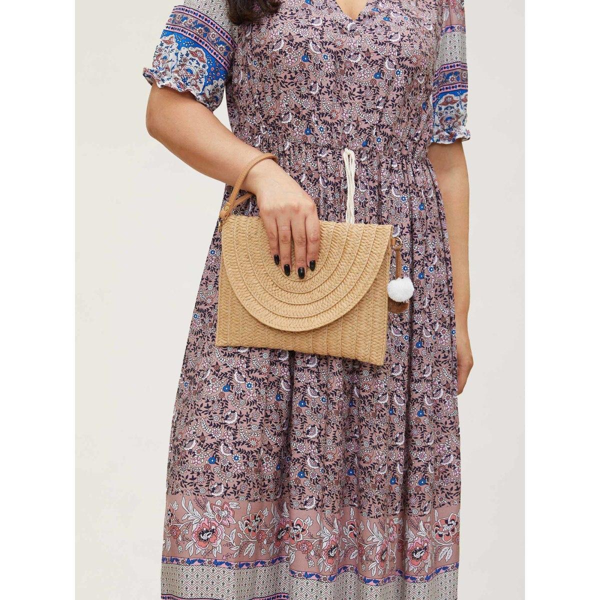 Plus Size Boho Print Notched Ties Tassel Trim Dress DustyPink Women Resort Non Flat collar with V-notch Short sleeve Curvy BloomChic 22-24/3X Product Image