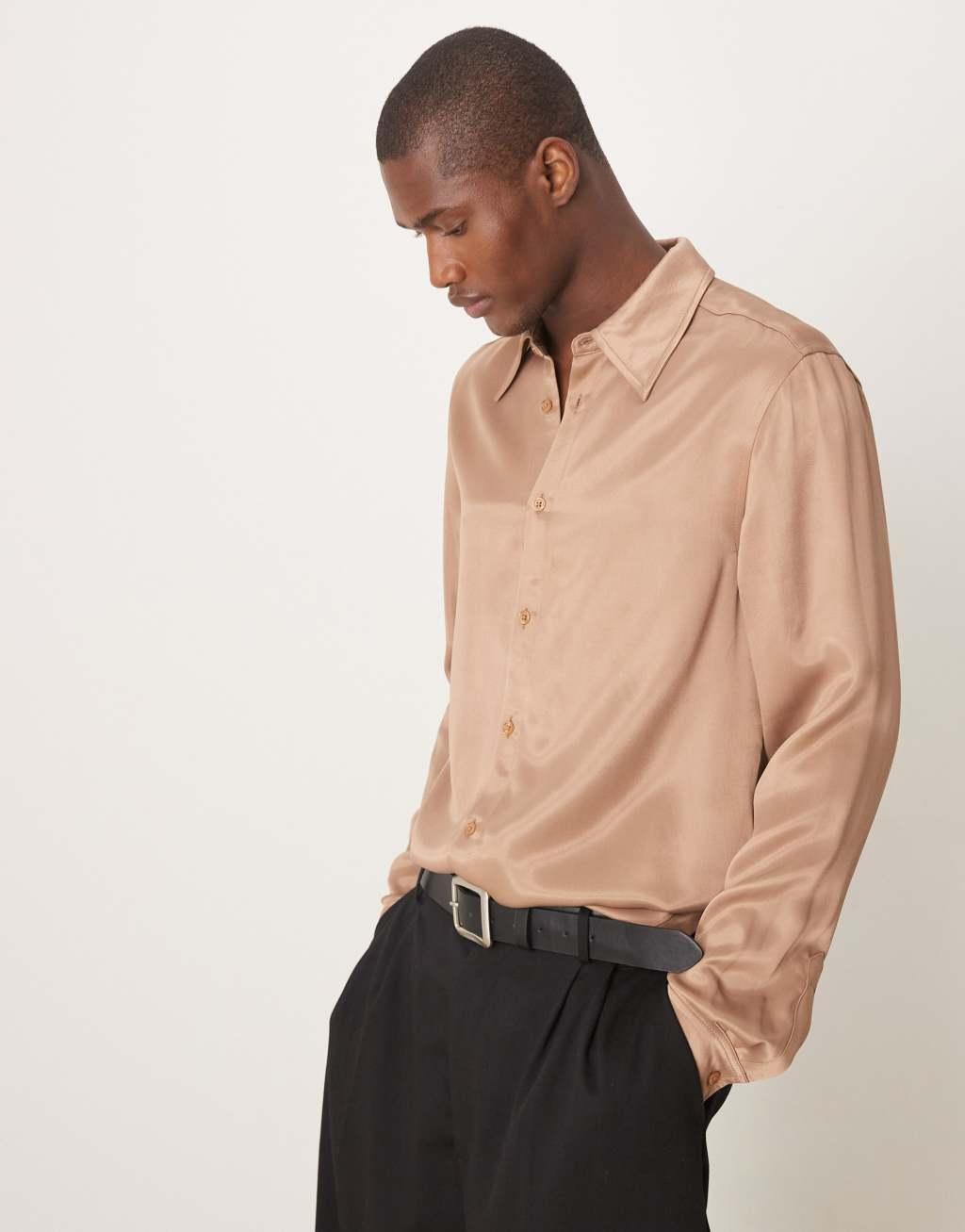 ASOS DESIGN slim fit satin shirt in brown Product Image