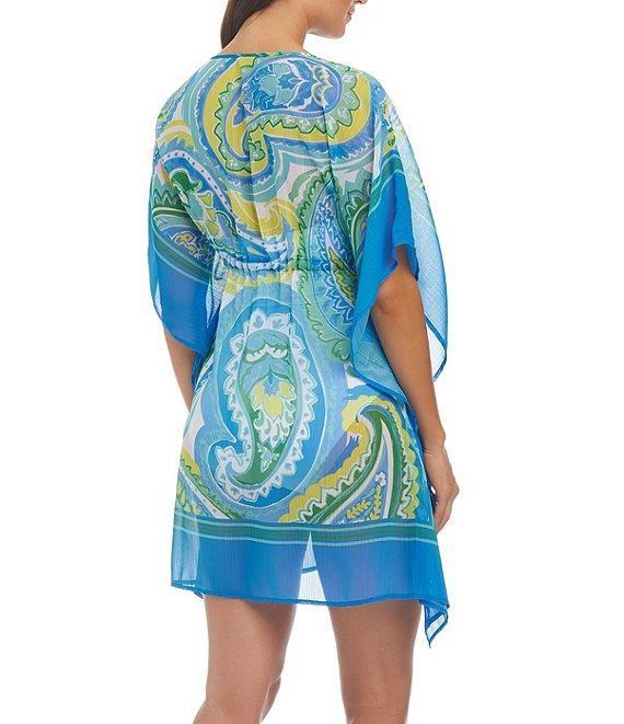 Bleu Rod Beattie More Is More Printed V-Neck Short Sleeve Drawstring Waist Caftan Swim Cover-Up Product Image