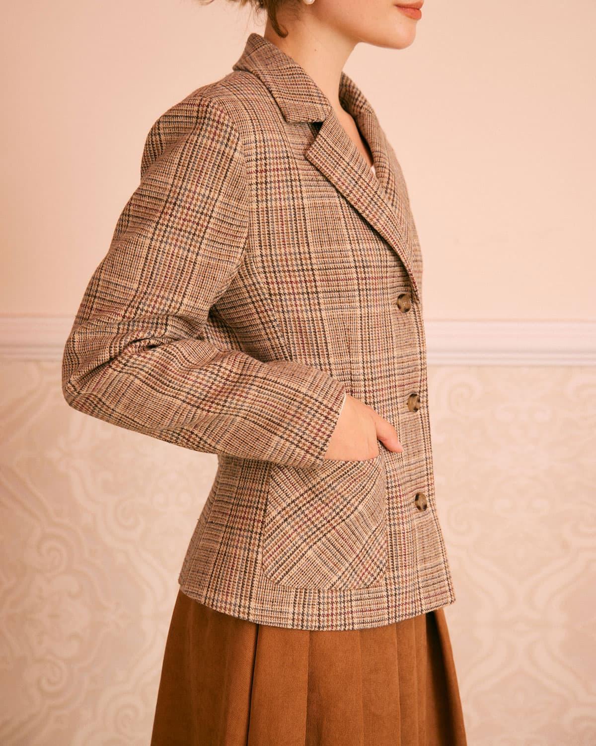 The Khaki Lapel Plaid Single Breasted Blazer Product Image