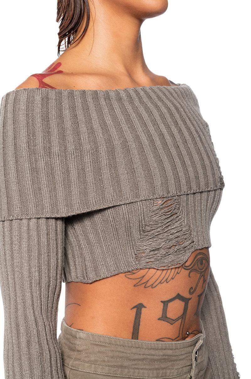 GALE OFF THE SHOULDER DISTRESSED SWEATER Product Image